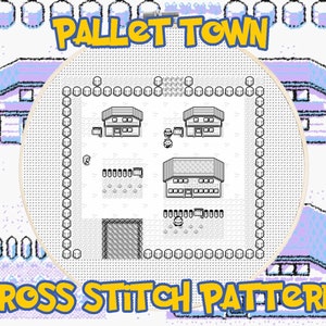 Op de afbeelding: Een kruissteekpatroon van Pallet Town uit de Pokémon-videogameserie. Het patroon toont de iconische huizen, het gras en het hek van de stad. Het patroon is in zwart-wit en perfect voor elke Pokémon-fan.