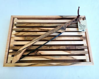 Ambrosia Maple Crumb Tray | Crumb Catching Cutting Board with Removable Trivet | Bread Board/ Serving Tray with trivet and bow knife storage