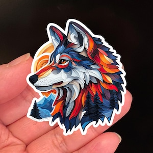 Pegatina de lobo de inspiración indígena / Vinilo colorido y vibrante de vida silvestre / Pegatina inspirada en la naturaleza para portátil, botella de agua, diario y regalos