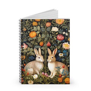 WILLIAM MORRIS Inspired Spiral Notebook | Woodland Cute Rabbits | 6x8 ~ 118 Ruled Line Pages | Vibrant Design Notes | Journaling Gift Ideas