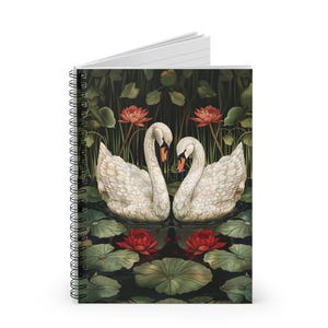 WILLIAM MORRIS Inspired Spiral Notebook | Graceful Elegant Swans | 6x8 ~ 118 Ruled Line Pages | Vibrant Design Notes | Journaling Gift Ideas