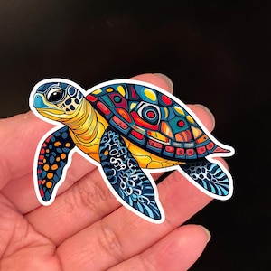 Pegatina de tortuga marina de inspiración indígena / Vinilo marino vibrante y colorido / Pegatina inspirada en la naturaleza para portátil, botella de agua, diario, regalos