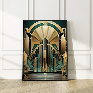 May include: A rectangular wall art print featuring a symmetrical geometric composition in deep emerald green, black, and metallic gold. The design displays tiered architectural arches, vertical pillars, and radiating sunburst patterns.