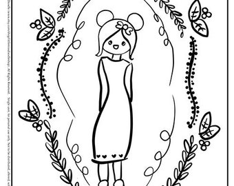 Floral Girl Motif Doodle Printable Cute Kawaii Coloring Page for Kids and Adults