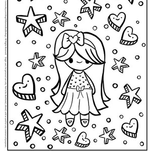 Little Miss Doodle Stars and Hearts Doodle Printable Cute Kawaii Coloring Page for Kids and Adults