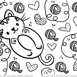 Kitty and Yarn Doodle Printable Cute Kawaii Coloring Page for Kids and Adults