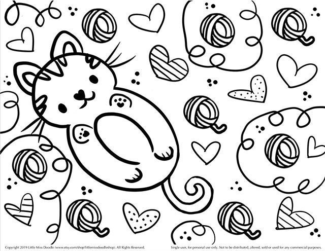 kitty and yarn doodle printable cute kawaii coloring page for etsy israel