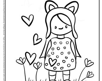 Flower Girl Doodle Printable Cute Kawaii Coloring Page for Kids and Adults