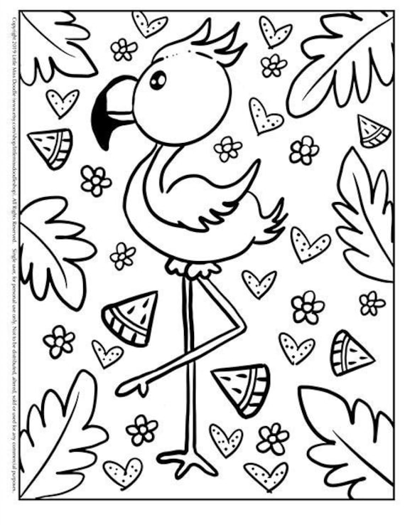 Summer Time Flamingo Doodle Printable Cute Kawaii Coloring Etsy