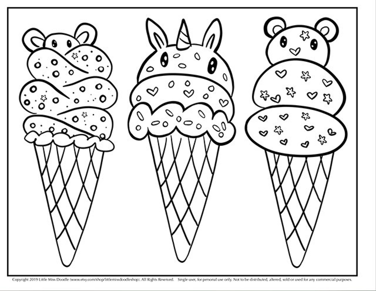 Ice Cream Trio Doodle Printable Cute Kawaii Coloring Page for Kids and Adul...