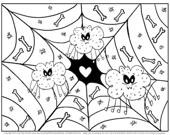 Halloween Meatball Spiders Doodle Printable Cute Kawaii Coloring Page for Kids and Adults
