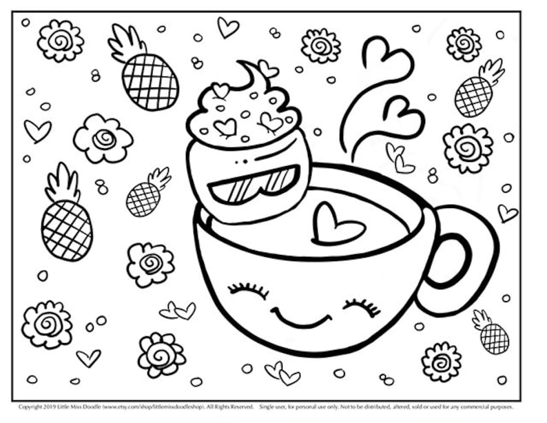 Hot Tub Marshmallow Doodle Printable Cute Kawaii Coloring Page for Kids and Adults image 1