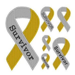 May include: Set of five embroidered iron-on patches featuring a yellow and gray ribbon with the word "SURVIVOR" in black text.