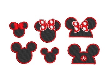 May include: Six black and red embroidered patches featuring different variations of Mickey Mouse and Minnie Mouse heads. The patches include a small Mickey Mouse head, a larger Mickey Mouse head, a Mickey Mouse head with a letter M, a small Minnie Mouse head, a larger Minnie Mouse head, and a Minnie Mouse head with a red bow.