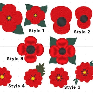 Op de afbeelding: Tien verschillende borduurmotieven van rode klaprozen met groene bladeren. De motieven zijn gelabeld "Style 1" tot "Style 5".