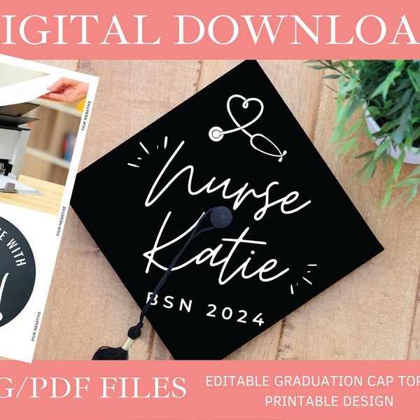 Customized Stethoscope DIGITAL DOWNLOAD Graduation Cap Topper - Editable Graduation Cap Topper Printable, Nursing Graduation Cap png/pdf