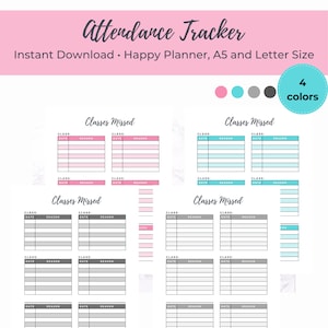 Attendance Tracker Printable, Classes Missed, School Planner, Student Printable, Student Organizer, College Planner -A5 HappyPlanner,&Letter