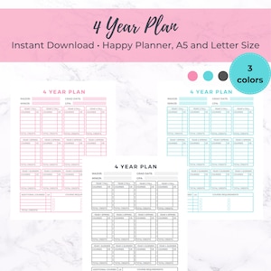 May include: A digital 4-Year Plan template in pink, blue, and gray. The design includes sections for courses, credits, and graduation information. The text reads "4 Year Plan" and "Instant Download".