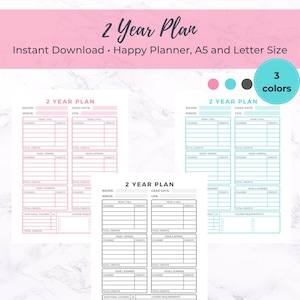 May include: Printable 2 Year Plan template for a Happy Planner. The template is divided into sections for each semester, with columns for courses, credits, and total credits. The template is available in three colors: pink, blue, and black.