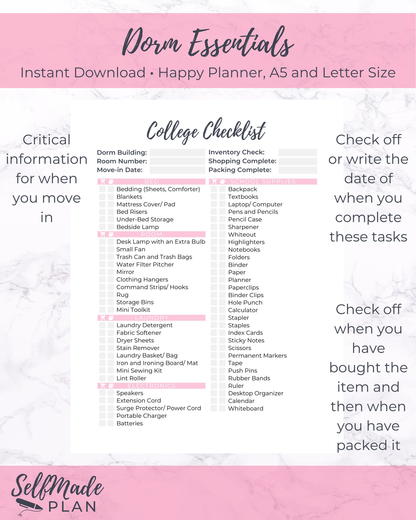 dorm essentials printable college packing list student etsy
