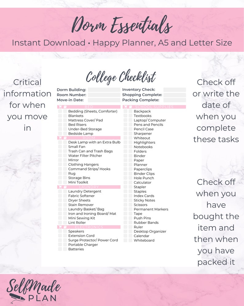 dorm essentials printable college packing list student etsy