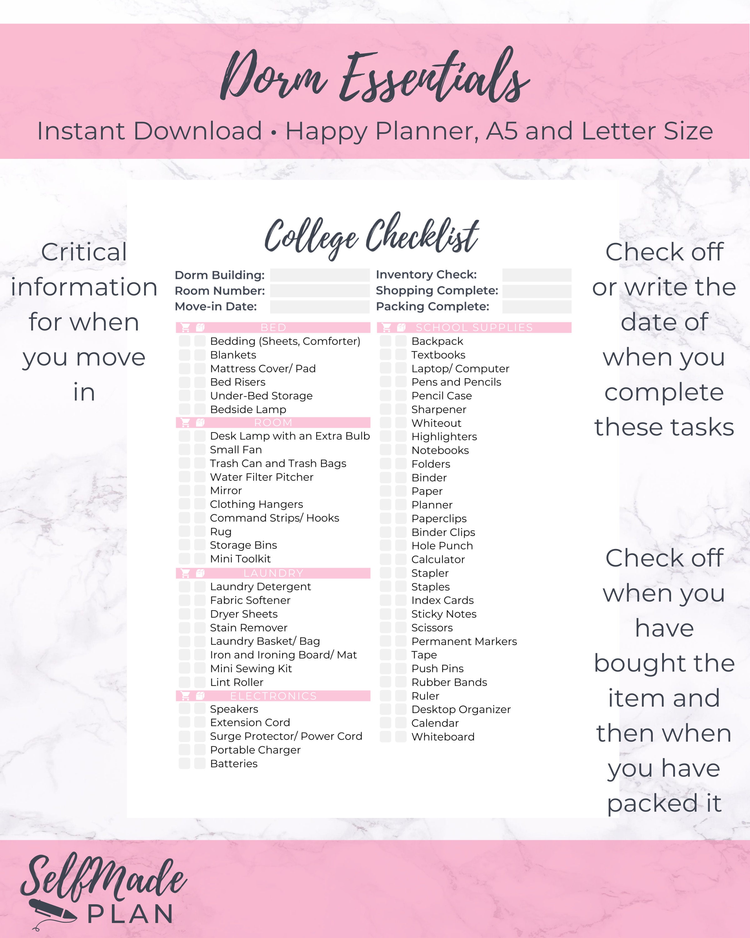 dorm essentials printable college packing list student etsy