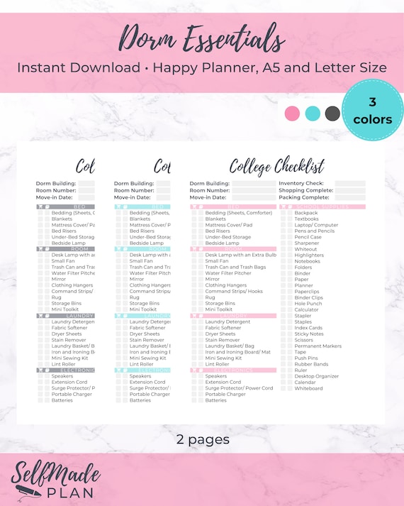 Dorm Essentials Printable College Packing List Student Etsy