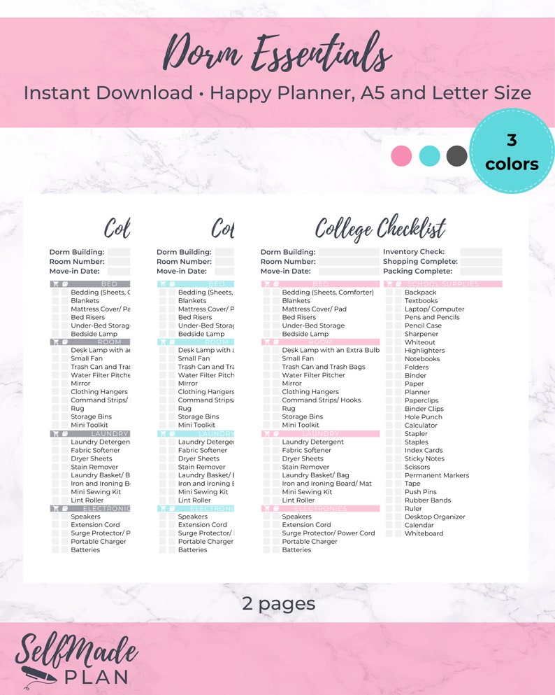 dorm essentials printable college packing list student etsy