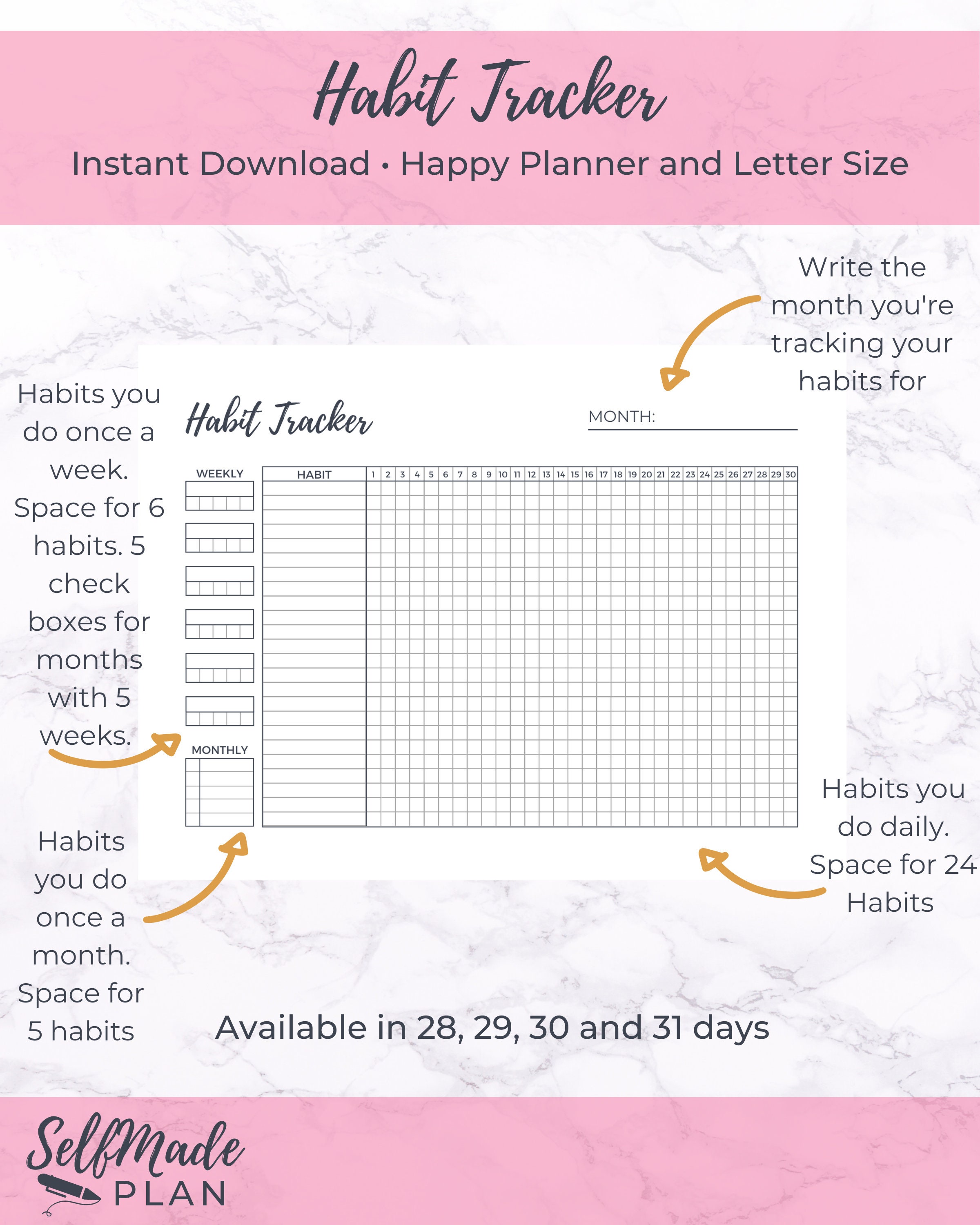 Habit Tracker Printable Monthly Weekly Daily Planner - Etsy