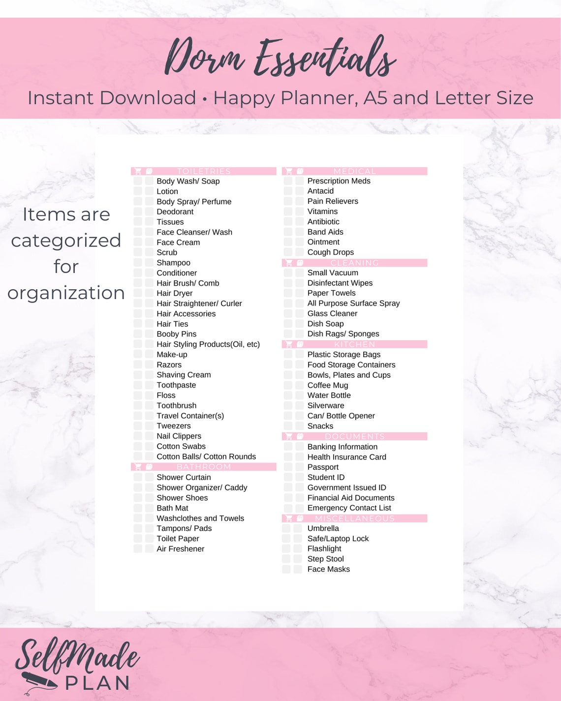 dorm essentials printable college packing list student etsy