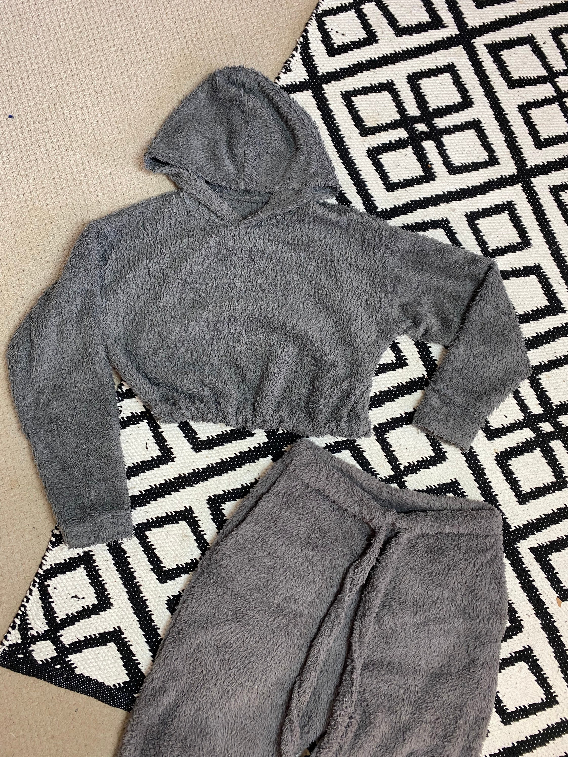 EmilyLLoungewear Crop Hoodie, Joggers \u0026 Matching Scrunchies. Fluffy Lounge Wear Women's Set Teddy Bear Fur Gifts for Her
