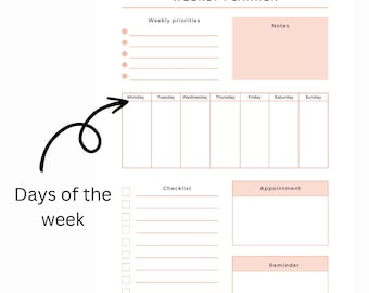 Digital and printable weekly planner pink