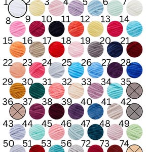 Puede incluir: Una carta de colores para Premier Yarns que presenta ochenta muestras circulares de hilo numeradas en varios tonos. La cuadr&iacute;cula muestra un amplio espectro de colores que incluye tonos blancos, amarillos, rosas, morados, azules, verdes, naranjas, rojos y grises.