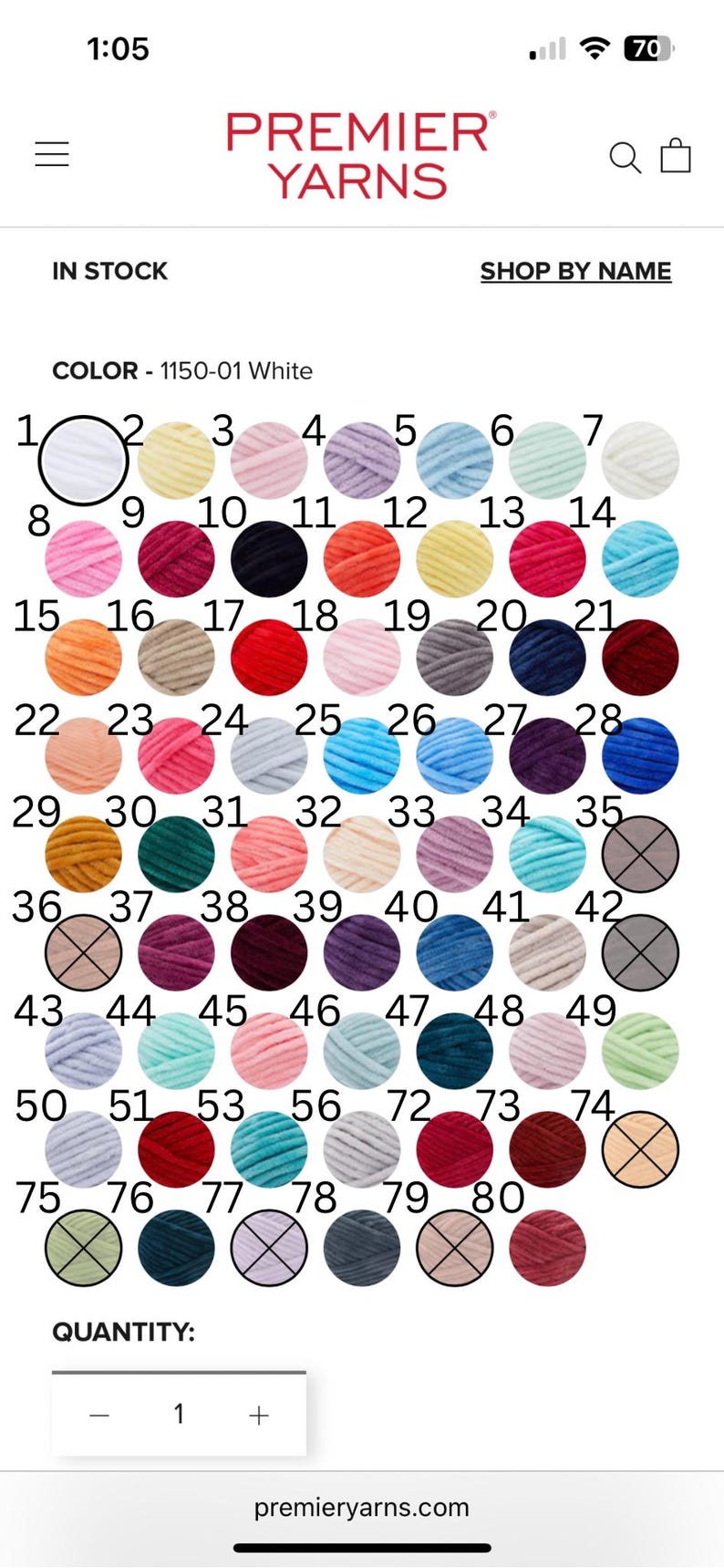 Puede incluir: Una carta de colores para Premier Yarns que presenta ochenta muestras circulares de hilo numeradas en varios tonos. La cuadr&iacute;cula muestra un amplio espectro de colores que incluye tonos blancos, amarillos, rosas, morados, azules, verdes, naranjas, rojos y grises.