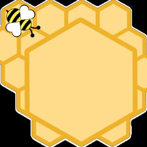 Puede incluir: Ilustraci&oacute;n de dibujos animados de un panal con una abeja. El panal es amarillo con un contorno blanco, y la abeja tiene un cuerpo a rayas negro y amarillo con alas blancas en forma de coraz&oacute;n. El fondo es negro.