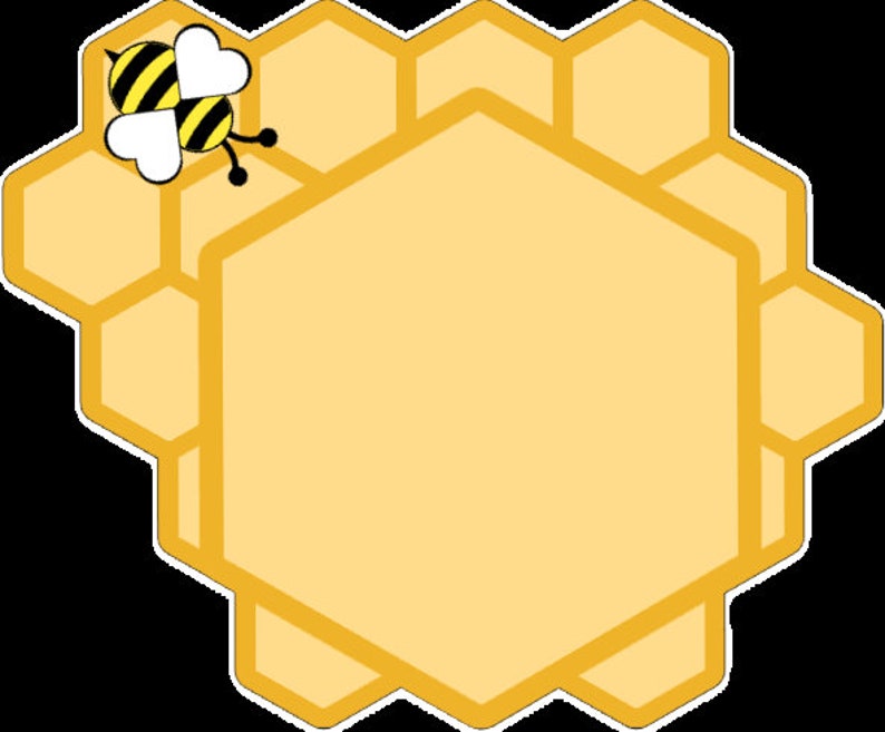 Puede incluir: Ilustraci&oacute;n de dibujos animados de un panal con una abeja. El panal es amarillo con un contorno blanco, y la abeja tiene un cuerpo a rayas negro y amarillo con alas blancas en forma de coraz&oacute;n. El fondo es negro.