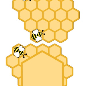 Puede incluir: Ilustraci&oacute;n de dos formas de panal con tres abejas de dibujos animados. Las abejas tienen rayas negras y amarillas con alas blancas en forma de coraz&oacute;n. El panal es de color amarillo claro.