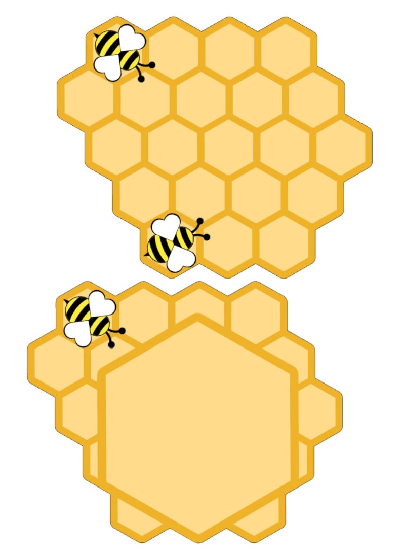 Puede incluir: Ilustraci&oacute;n de dos formas de panal con tres abejas de dibujos animados. Las abejas tienen rayas negras y amarillas con alas blancas en forma de coraz&oacute;n. El panal es de color amarillo claro.