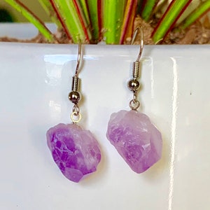 Raw Amethyst Quartz Crystal Earrings Natural Gemstone