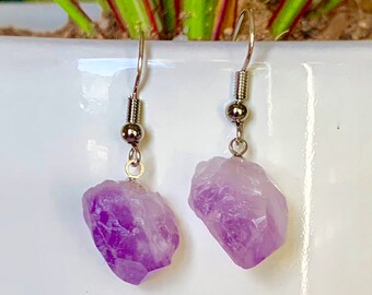 Raw Amethyst Quartz Crystal Earrings Natural Gemstone