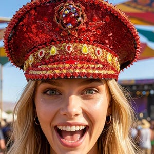 May include: A red military-style cap adorned with sequins, gold trim, and various red and yellow faceted crystals. The hat features a structured brim and a decorative central emblem, creating a highly textured and reflective appearance.