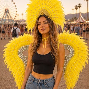 Yellow Festival Feather Headdress with Decorative Back Wings | Carnival Samba Costume | Showgirl Headpiece | Mardi Gras Outfit