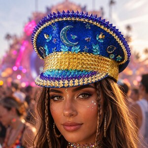 May include: A military-style cap featuring a deep blue sequined crown adorned with a crescent moon and star embellishments. The hat includes a gold textured band and a brim covered in rows of metallic blue and gold spikes and studs.