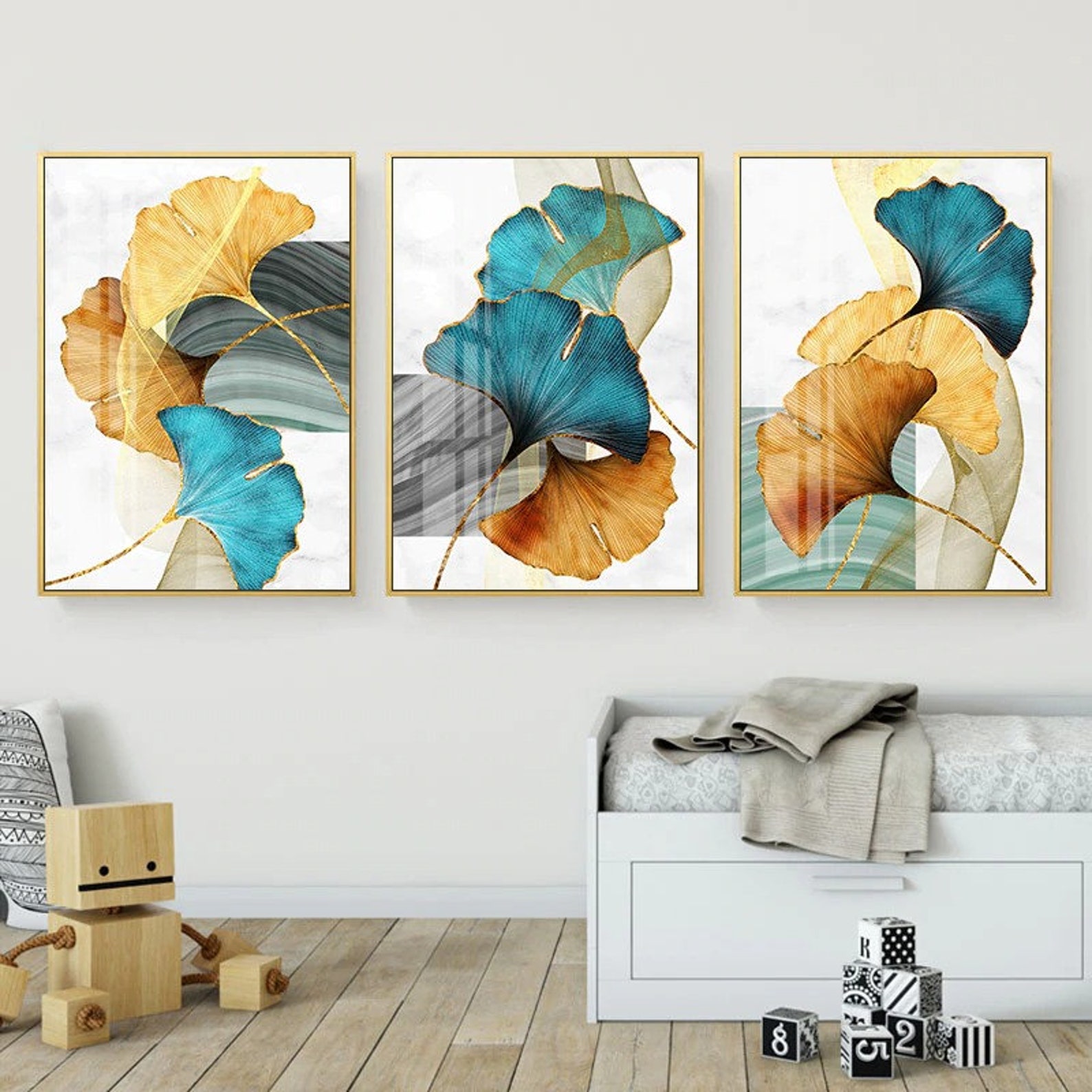 Abstract canvas wall art Blue Green Yellow Gold Plant Leaf Etsy