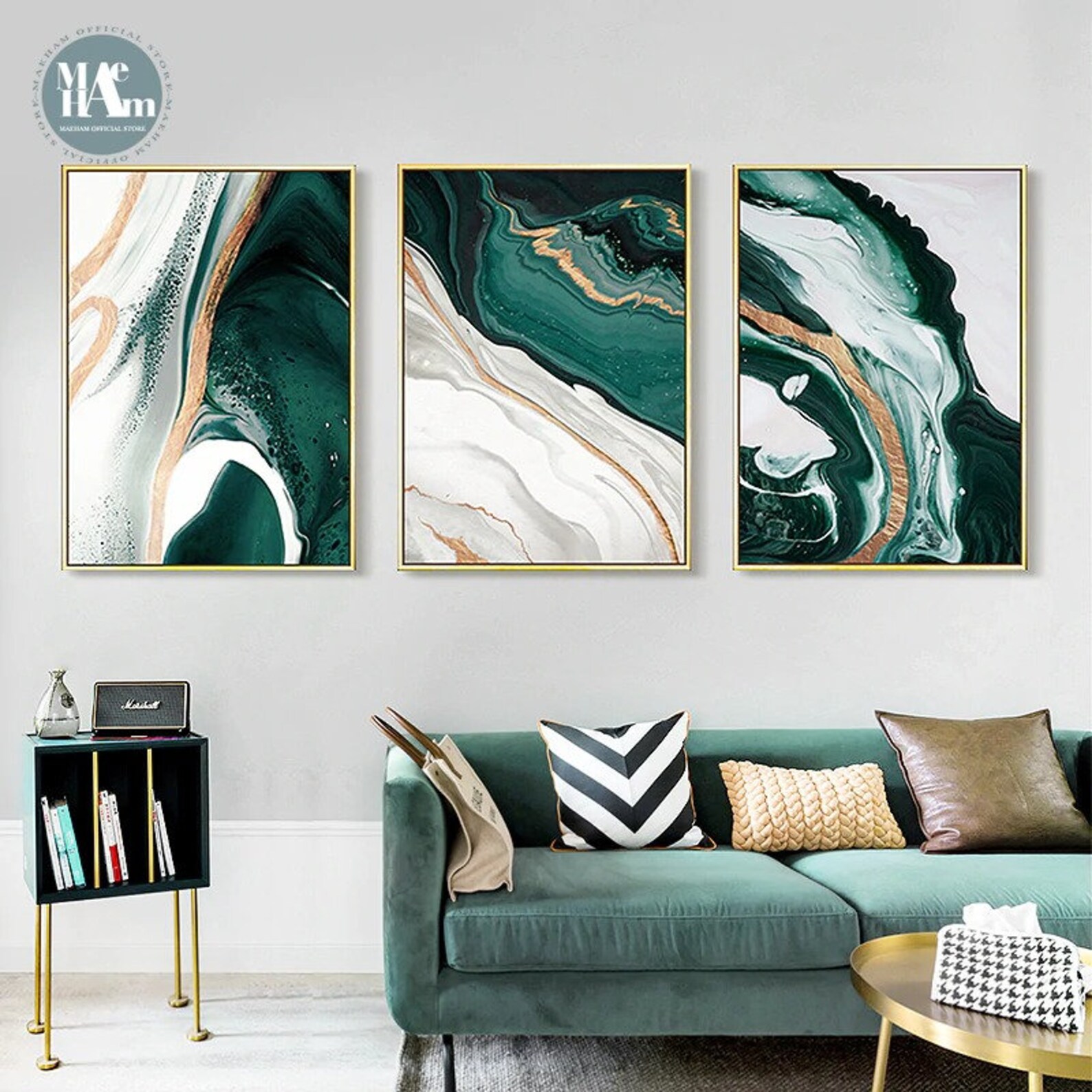 Emerald Set Of Canvas Art Green Printed Cotton Canvas Wall Etsy