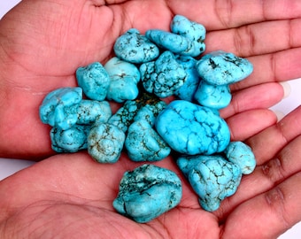 Può includere: Una manciata di pietre di turchese lucide di varie forme e dimensioni. Le pietre sono di un vibrante colore blu-verde con venature scure. Le pietre sono tenute in mani aperte.