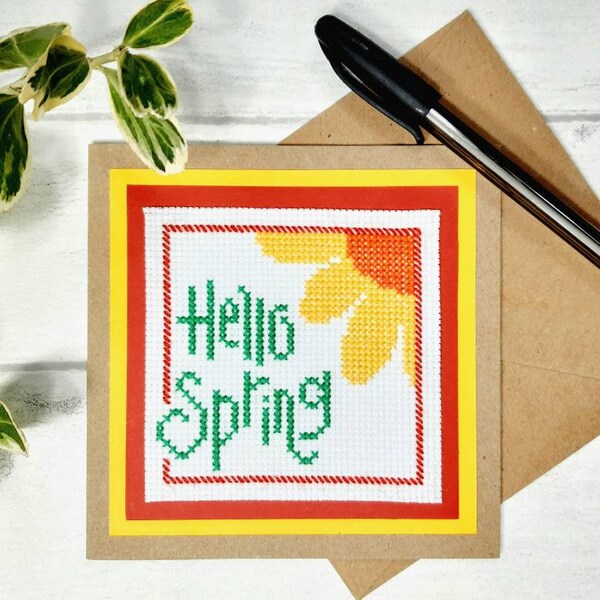 Hello Spring, Spring cards, Springtime, Flower card, Spring Flowers, Handmade, Cross stitch cards, Greeting cards, Cross-stitch UK, Notelet