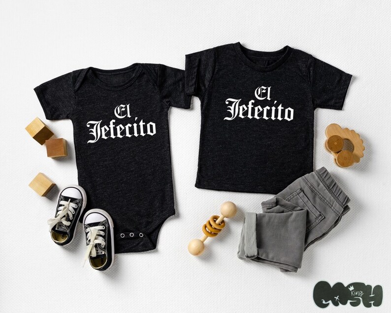 babyshower gift sibling shirts spanish sayings boss baby El Jefecito baby bodysuit or toddler tee blackwhite