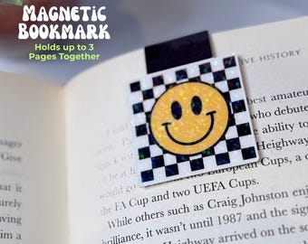 Magnetic Bookmark: Checkered Happy Smiley Face, Page Holder, Holographic