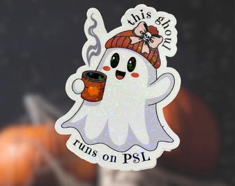 Holographic Pumpkin Spice Latte Ghost Sticker: Kawaii Halloween Vinyl Decal